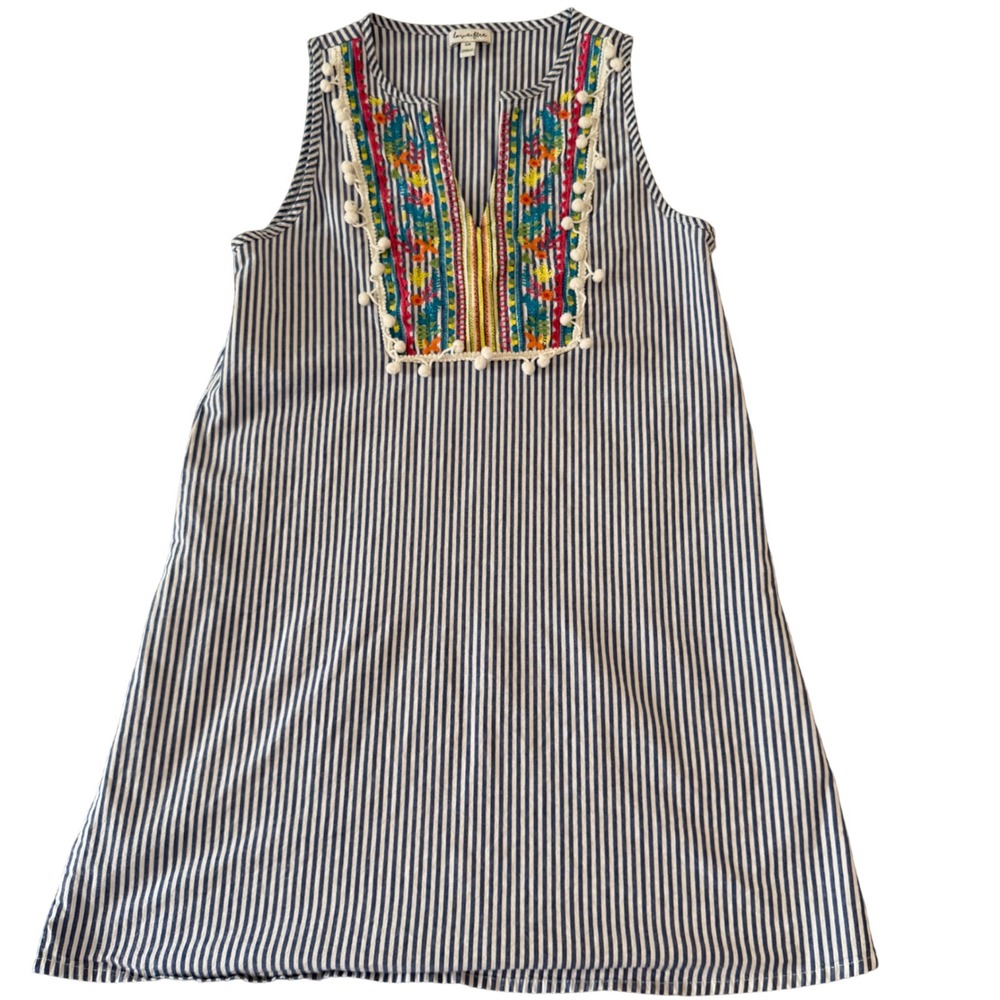 Love‎ Fire Womens Small Blue White Striped Embroidered Pom Pom Shift Dress S/P